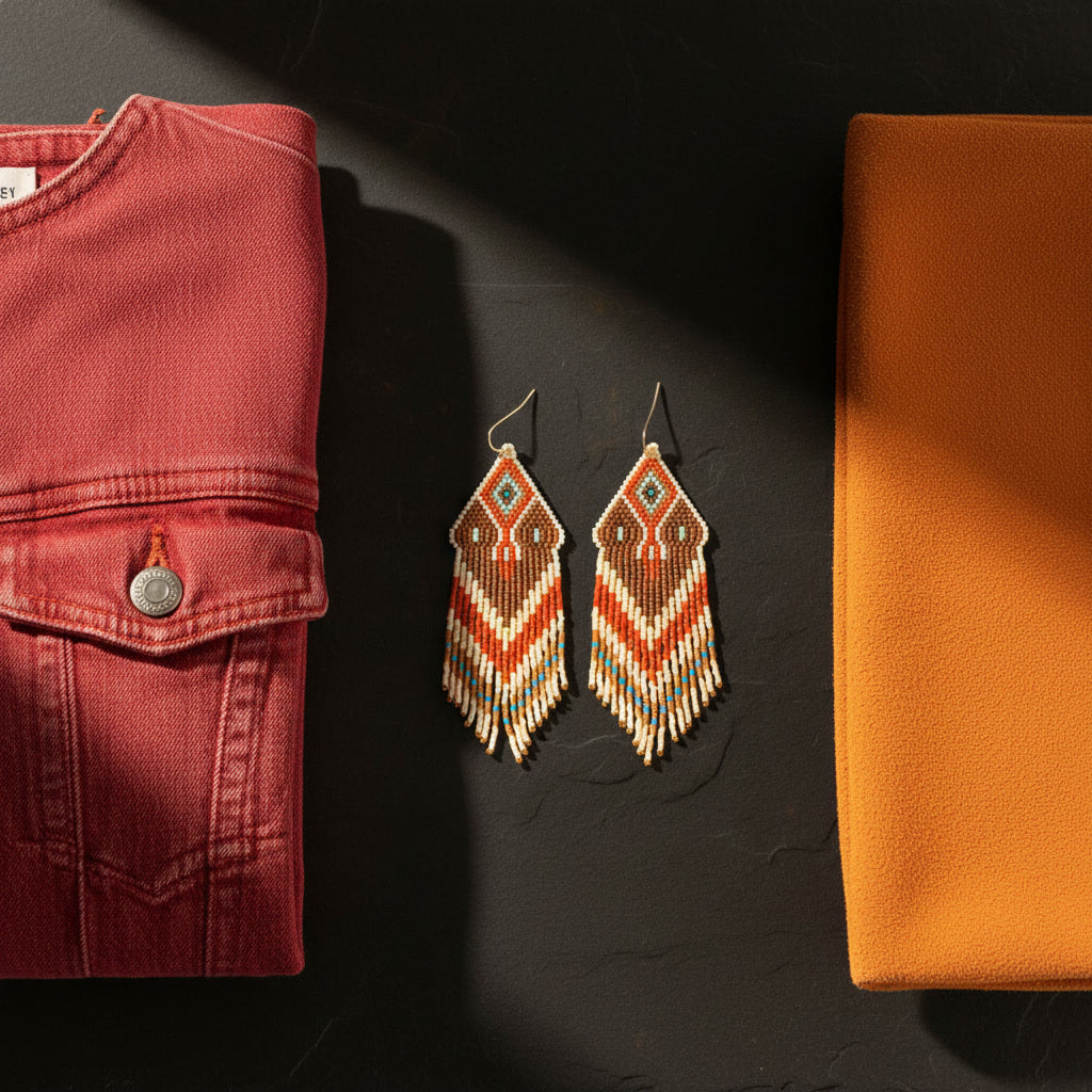 Zwei lange Statement-Ohrringe aus Glasperlen liegen nebeneinander auf einer dunklen, strukturierten Schieferplatte. Das Design kombiniert geometrische Muster in Braun und Orange mit hellen Fransenenden. Flankiert werden die Schmuckstücke links von einer weinroten Denim-Jacke und rechts von einem gefalteten Stoff in kräftigem Orange. Die warme Beleuchtung betont die feine Webstruktur der Perlen und das harmonische Farbspiel.