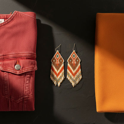 Zwei lange Statement-Ohrringe aus Glasperlen liegen nebeneinander auf einer dunklen, strukturierten Schieferplatte. Das Design kombiniert geometrische Muster in Braun und Orange mit hellen Fransenenden. Flankiert werden die Schmuckstücke links von einer weinroten Denim-Jacke und rechts von einem gefalteten Stoff in kräftigem Orange. Die warme Beleuchtung betont die feine Webstruktur der Perlen und das harmonische Farbspiel.