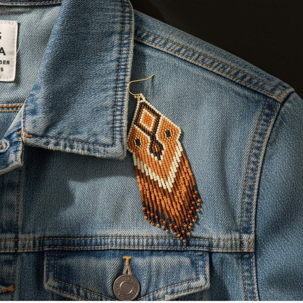 Die terrakotta-braunen Perlenohrringe liegen auf einer dunkelblauen Denim-Jeansjacke. Der Kontrast zwischen dem derben Stoff und der filigranen Perlenarbeit unterstreicht den modernen Boho-Stil der Schmuckstücke.