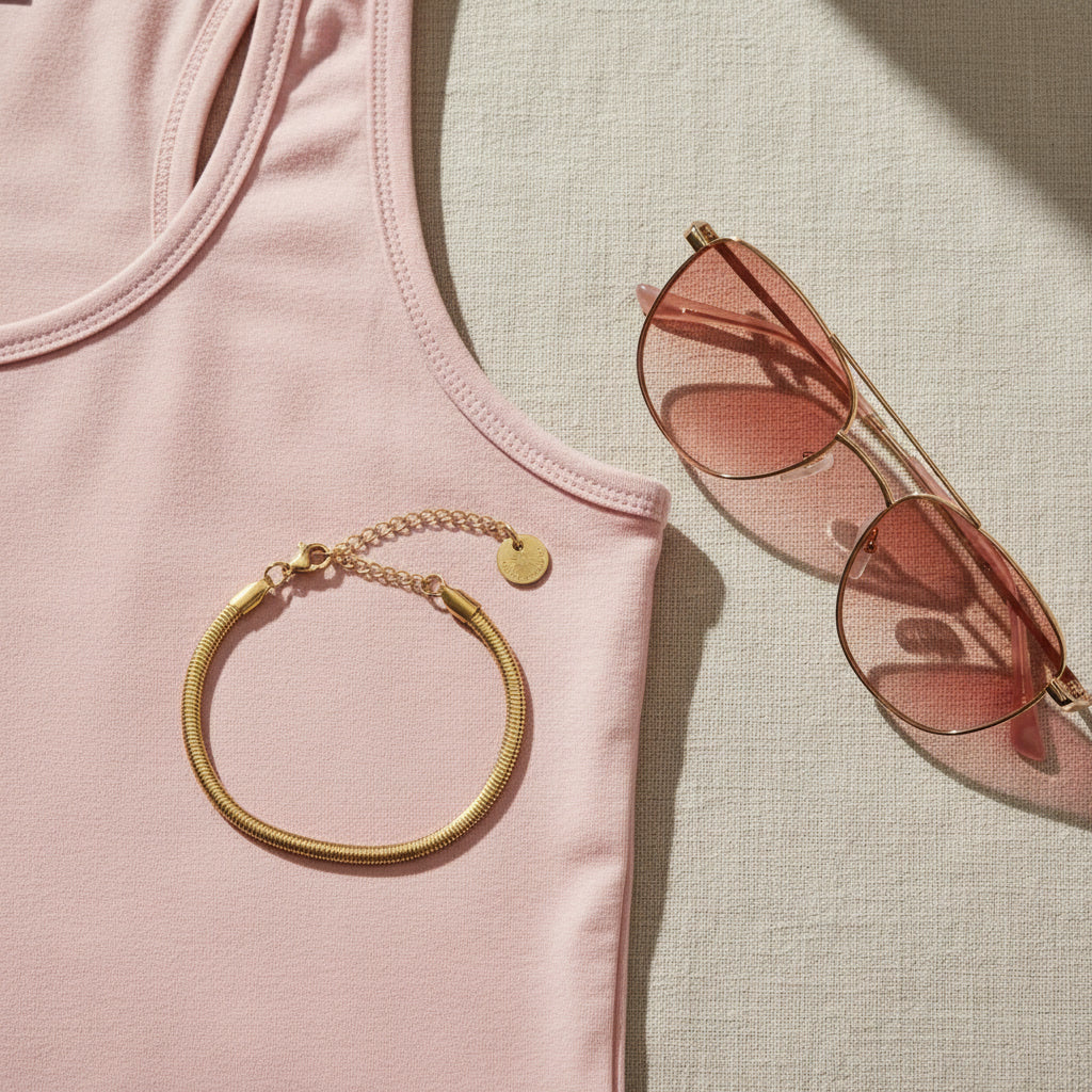 Goldfarbenes Serena Snake Armband auf rosa Oberteil neben Sonnenbrille im sommerlichen Look.