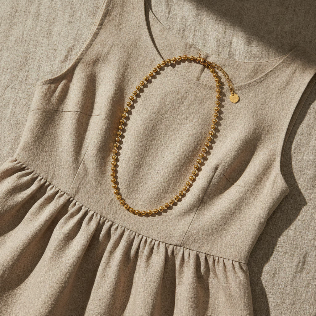 Goldfarbene Sfera Halskette auf beigem Leinenkleid.
