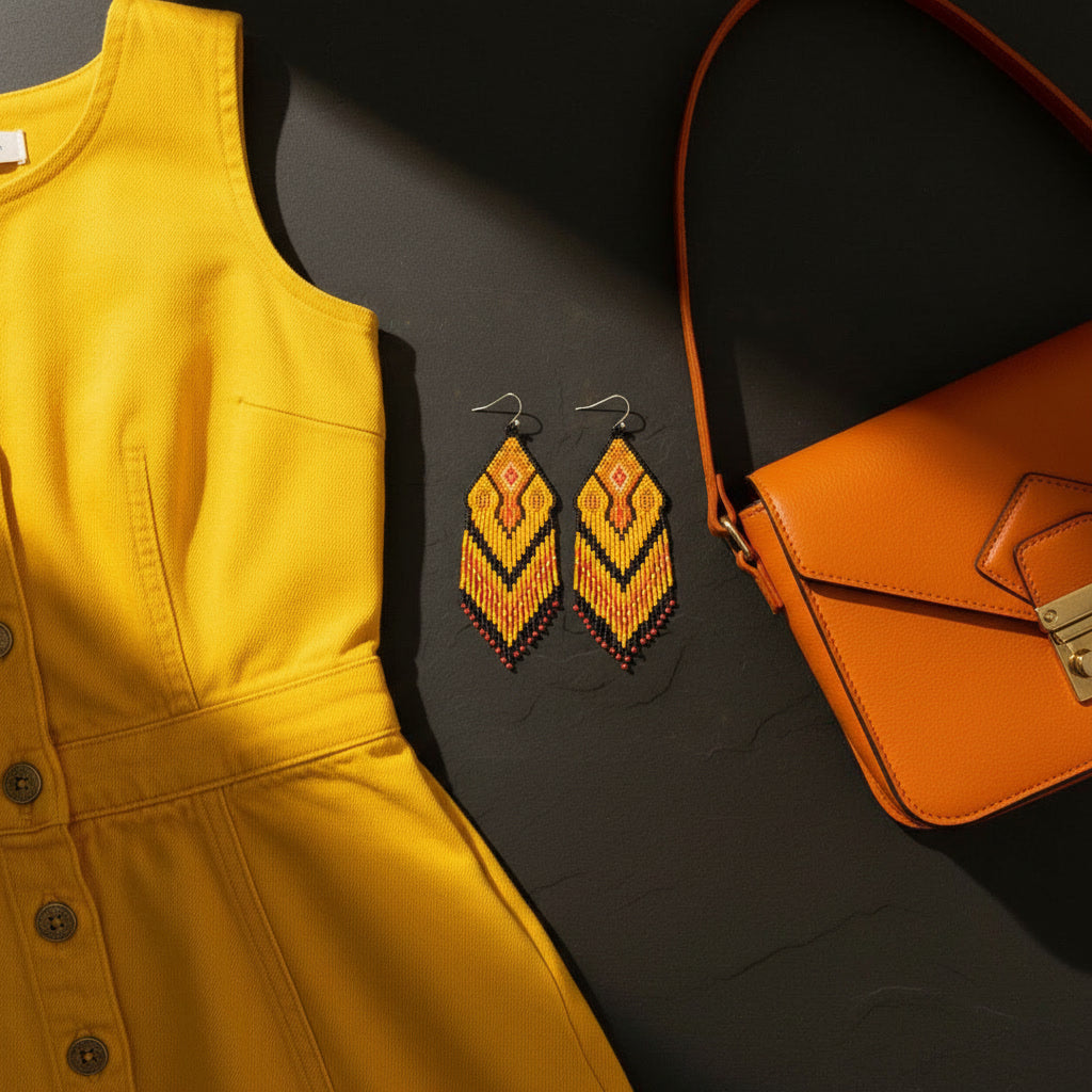 Zentral auf einer dunklen Schieferplatte liegen die Perlenohrringe in Braun, Orange und Goldbraun. Links davon liegt eine edle orangefarbene Lederhandtasche mit goldenem Verschluss. Auf der rechen Seite liegt ein tolles, knallgelbes Retrojeanskleid. Ein Lichtstrahl setzt die Szene diagonal in Szene.