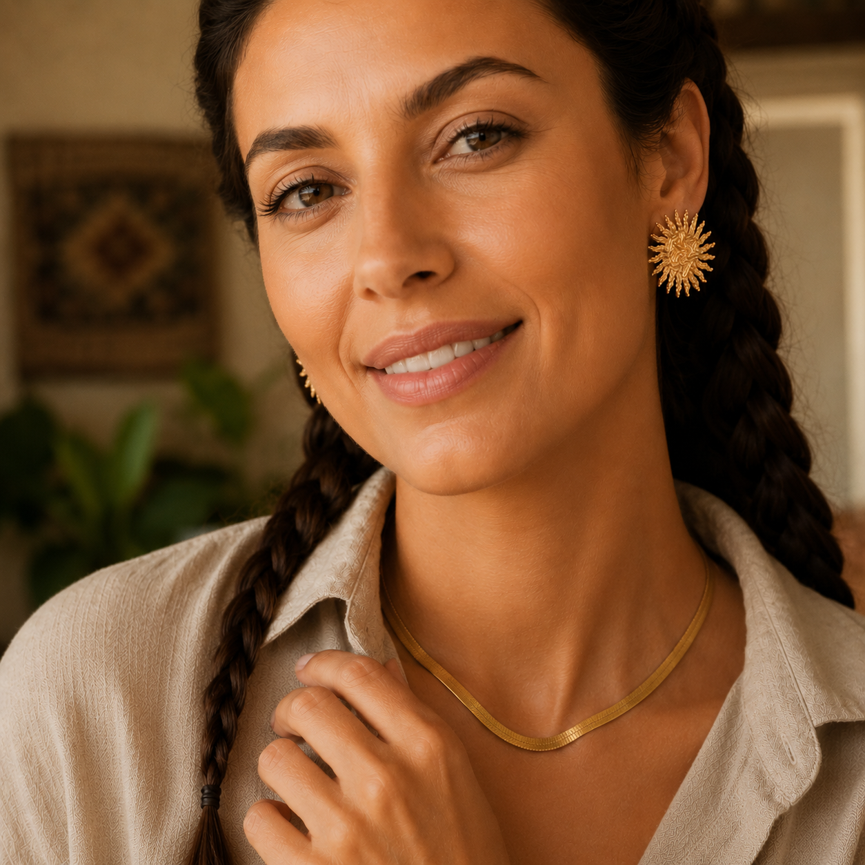Nahaufnahme eines Models mit Solina Sonnenohrringen in Gold.