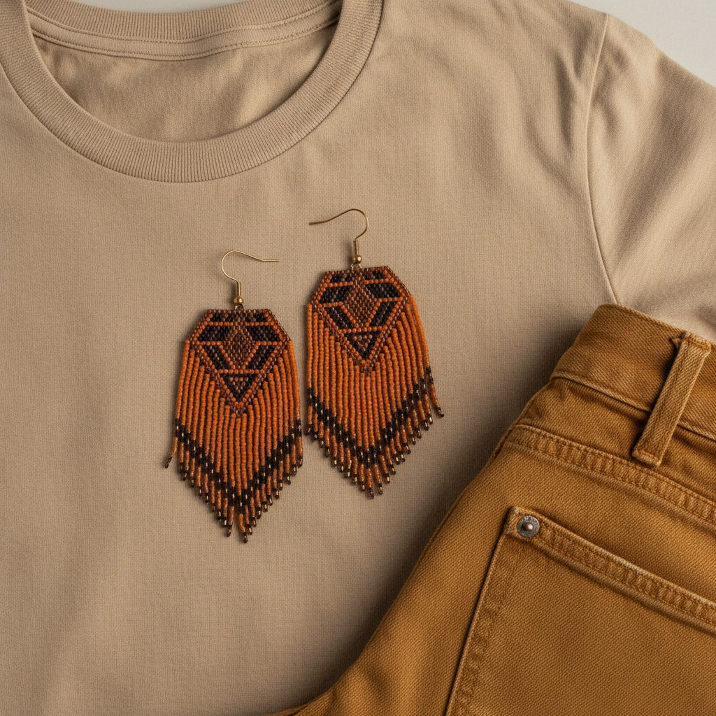 Eine harmonische Produktfotografie zeigt die handgefertigten Perlenohrringe „Terra Calda“ auf einem beigefarbenen T-Shirt, kombiniert mit einer ockerfarbenen Jeans. Die Ohrringe präsentieren sich in warmen Terrakotta- und tiefen Brauntönen mit einem markanten geometrischen Rautenmuster und filigranen Fransen. Die weiche Ausleuchtung betont die feinen Details der gewebten Perlen und die abgestimmten herbstlichen Farben des Outfits.