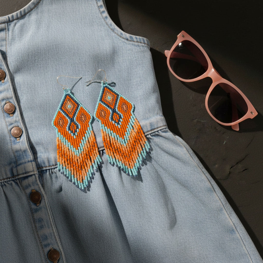 Auf dem Oberteil eines hellblauen Denim-Kleides liegen zwei handgefertigte Ohrringe aus Fransenperlen. Das obere Rautenmuster ist in Türkis, Orange und Dunkelblau gehalten, darunter verläuft ein farbenfroher Farbverlauf von Orange zu hellem Türkis. Links daneben ist eine vertikale Reihe von Metallknöpfen zu sehen. Rechts oben befindet sich eine rosa Sonnenbrille auf einem dunklen Hintergrund. Die Komposition wirkt sonnig und sommerlich.