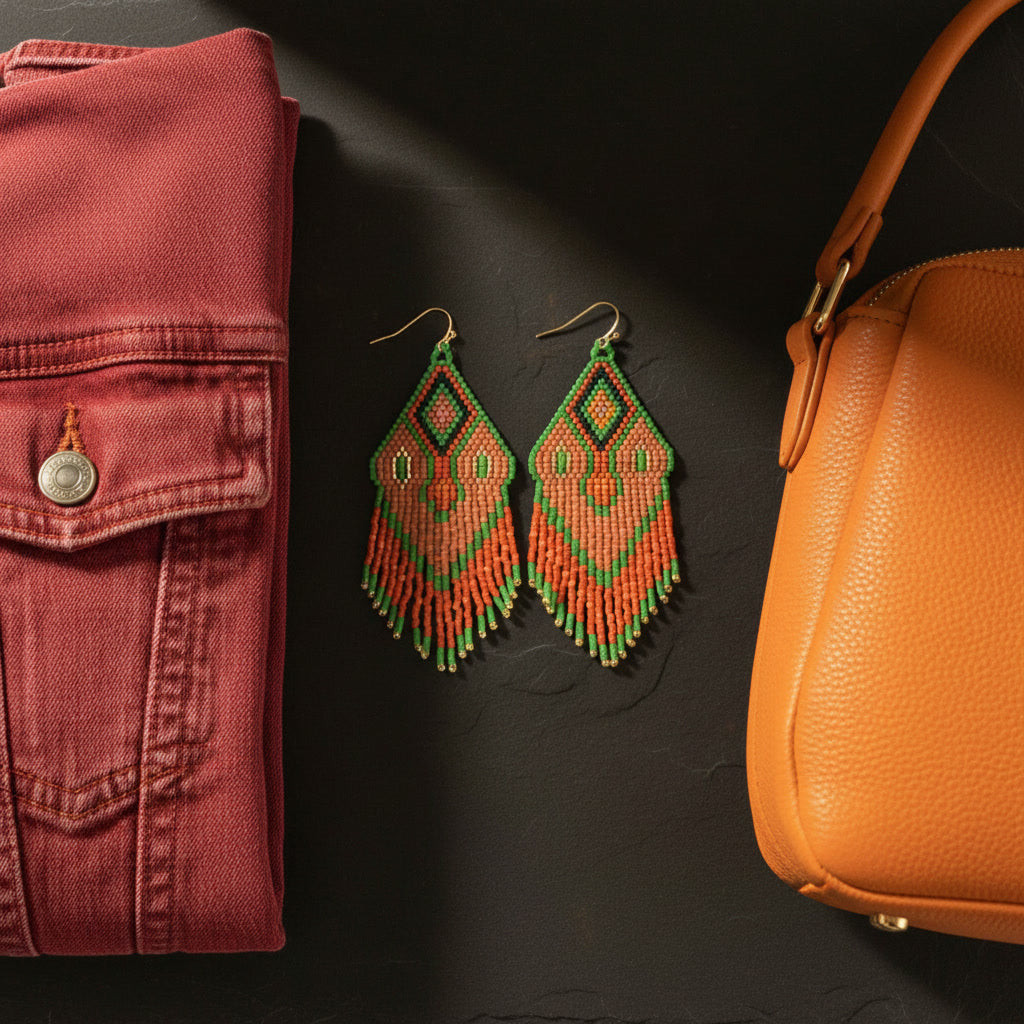 Ein stilvolles Flatlay auf einer dunklen Schieferplatte rückt die handgefertigten Perlenohrringe von EDELATELIER. ins Zentrum. Die warme Farbkomposition aus Braun, Orange und Gold der Schmuckstücke wird links von einer beere-farbenen Denim-Weste (oder einem ärmellosen Jeansoberteil) mit markanter Nahtführung flankiert. Rechts ragt eine klassische braune Lederhandtasche mit goldfarbenem Verschluss ins Bild. 