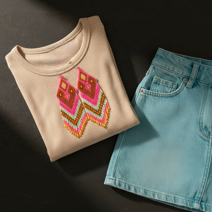 Die handgewebten Fransenohrringe liegen flach auf einem beigen Rundhals-Oberteil, kombiniert mit einem hellblauen Jeans-Rock. Ein diagonaler Schattenwurf sorgt für eine hochwertige Lichtstimmung im Bild.