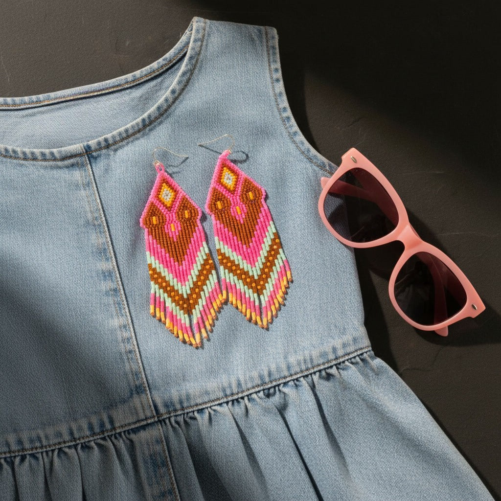 Ein sommerliches Flatlay-Arrangement: Die rosa-terrakottafarbenen Statement-Ohrringe liegen auf der Schulterpartie eines hellblauen Denim-Kleides. Eine farblich passende rosa Sonnenbrille rundet das modische Stillleben ab.