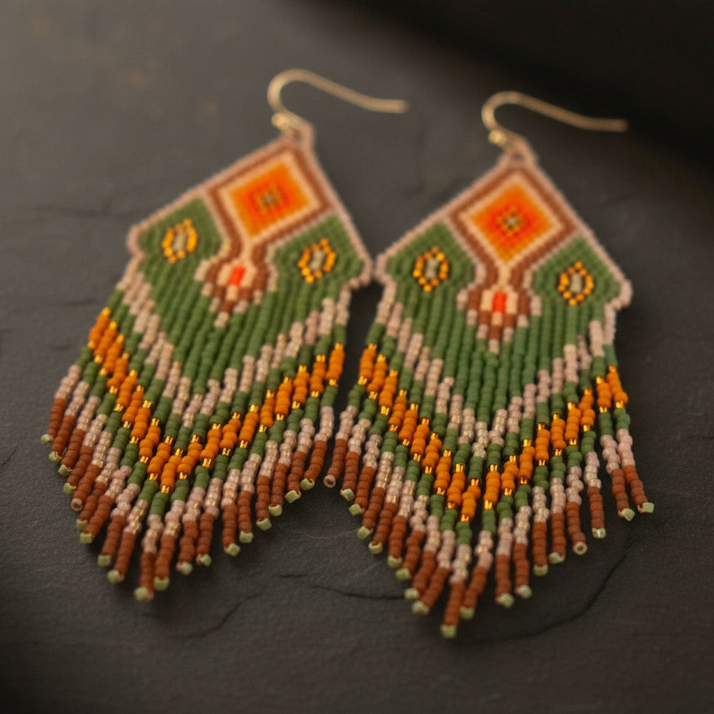 Macroaufnahme eines Paar handgemachten Miyuki Perlenohrringe von Edelatelier. in Grün, Braun, Beige und Rot von der Seite fotografiert, auf einem dunklen Untergrund.