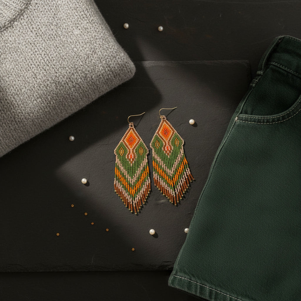 Stimmungsvolles Stillleben auf einer dunklen Schieferplatte. Die grün-orangefarbenen Statement-Ohrringe liegen zentral zwischen einem grauen Strickoberteil (links oben) und einem dunkelgrünen Jeansrock (rechts unten). Kleine weiße Zierperlen sind dekorativ auf dem dunklen Stein verteilt.