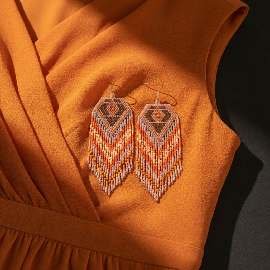 Eine atmosphärische Nahaufnahme eines Paares handgefertigter Perlenohrringe von EDELATELIER., drapiert auf einer dunklen Betonoberfläche. Die Ohrringe weisen ein geometrisches Muster in warmen Gelbtönen, Orange und Creme auf und sind mit feinen Perlenfransen versehen. Sie liegen auf einem schönen, orangefarbenen Kleid. Ein weicher Lichtstrahl fällt auf die Szene und erzeugt tiefe Schatten.